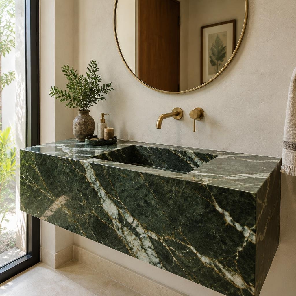 Lavabo com bancada em pedra verde — imagem ilustrativa gerada por IA